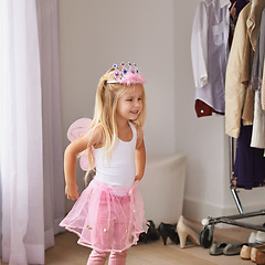 Image showing Princess, dance and portrait of girl with costume in home for fun, play or pretend for happy kids game. Fantasy, fashion and child in creative fairy fancy dress with wings, tiara and smile in bedroom