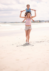 Image showing Happy mother, piggyback and playing with child on beach for summer holiday weekend or vacation in nature. Portrait of mom with daughter on shoulders for walk or bonding by ocean coast on mockup space