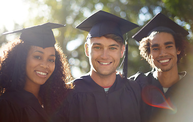 Image showing Graduation, friends and portrait of students at university for learning, achievement and study on campus. Education, academy and men and woman outdoors for celebration, graduate ceremony and college