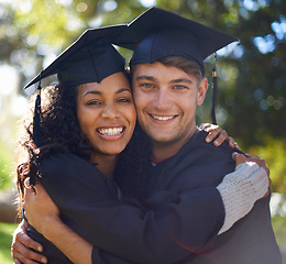 Image showing Graduation, university and portrait of couple hug for learning, studying and knowledge on campus. Education, academy students and man and woman embrace for celebration, graduate ceremony and college