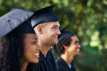 Image showing Graduation, university and happy students in park for learning, studying and knowledge on academy campus. Education, friends and profile of men and woman for celebration, graduate ceremony or college