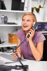 Image showing Happy secretary, woman and landline telephone with listening, deal or contact with excited face in office. Receptionist, person and employee with smile for phone call with news, story or info at job