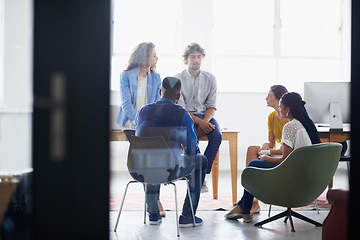 Image showing Collaboration, meeting and business people in office for planning, project and brainstorming ideas. Professional workers, creative agency and men and women for teamwork, discussion and consulting