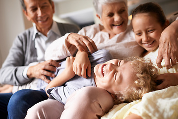 Image showing Grandparents, home and grandchildren with happiness, funny and bonding together with vacation and playing. Family, old man and elderly woman with kids and laughing with humor and cheerful with love
