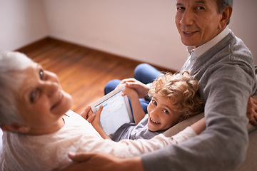 Image showing Child, grandparents and tablet or portrait for online technology or communication, teaching or connection. Elderly couple, retirement and kid with internet learning in apartment, together or bonding