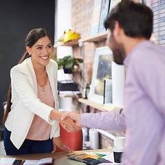 Image showing Office, handshake and partnership with smile for client in business meeting, greeting and happy. Startup, entrepreneur and agreement with deal at work for project, collaboration and teamwork.