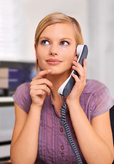 Image showing Secretary, woman and landline telephone in office to listen, deal or contact with thinking for question. Receptionist, person and employee with smile for phone call with news, network or chat at job