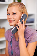 Image showing Secretary, woman and smile with landline telephone for listening, deal or contact with portrait in office. Receptionist, person and happy employee with phone call for news, story or info at workplace