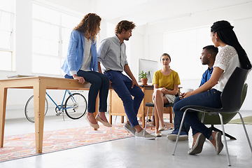 Image showing People, meeting and planning in creative business, problem solving and communication for ideas. Employees, diversity and designers in meeting for project, collaboration and support in teamwork