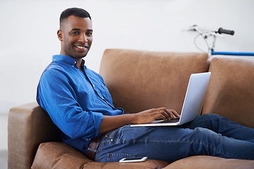 Image showing Man, laptop and online for remote work in portrait, freelancer and copywriting in living room. Black male person, home and plan on tech or connection for website, information and research for article