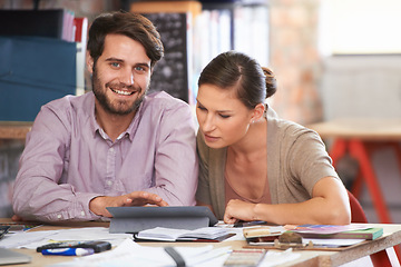 Image showing Tablet, collaboration and planning with creative business people in office together for planning. Technology, teamwork or creative with man and woman designer in workplace for meeting or discussion