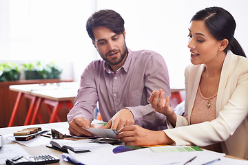 Image showing Office, partner and documents to plan with strategy in meeting for business growth, project and ideas. Startup, paperwork and entrepreneur to discuss with collaboration, teamwork for company.