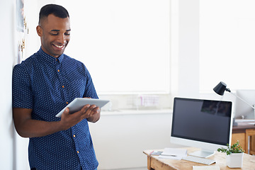 Image showing Businessman, tablet and online in office for communication, internet search and networking in workspace. Entrepreneur, african employee and web developer with technology for screen email and smile