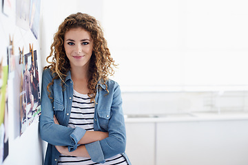 Image showing Smile, crossed arms and portrait of woman in office planning project with vision board. Happy, career and confident professional female designer working on creative startup business in workplace.