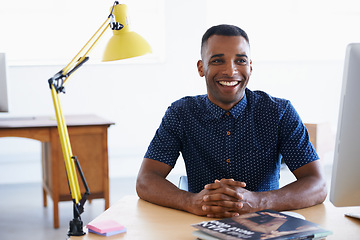 Image showing Thinking, business and black man with smile, professional or entrepreneur with startup or PR consultant. African person, employee or consultant with magazine editor or publisher with creative project