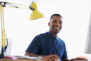 Image showing Creative, coworking space and portrait of black man with smile at desk for networking on project in happy office. Relax, face or professional designer with lamp, research and architecture business.