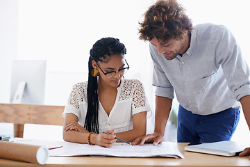 Image showing Blueprint, architect and team in office, training or help with construction project for building in startup. Engineer, collaboration and paperwork for planning, coaching or teaching with diversity