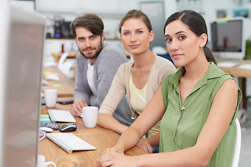 Image showing Professional male person, women and portrait for meeting, and idea in strategy and company as software developers. Team, business and office by desk, tech and group sit together for collaboration