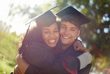 Image showing Graduation, university and portrait of students hug for learning, studying and knowledge on campus. Education, academy and man and woman embrace for celebration, graduate ceremony and college friends