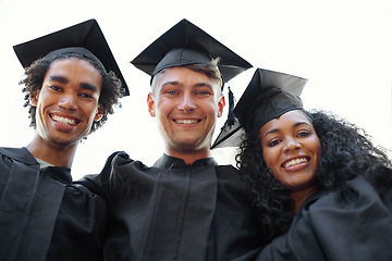 Image showing Graduation, friends and portrait of students at university for learning, studying and knowledge on campus. Education, academy and men and woman hug for celebration, graduate ceremony and college