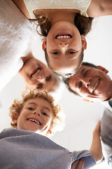 Image showing Grandparents, children and portrait smile from below huddle together for bonding connection, vacation or retirement. Elderly couple, kids and face with low angle for holiday care, happiness or love