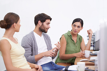 Image showing Businessman, plan and team for idea, discussion and company career as software developers. Professional male person, women and talking in office, desk and listening together as programmer group