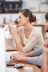 Image showing Creative, coworking space and woman at desk with coffee, conversation and relax with work friends. Computer, office and professional business people at online agency for workshop, ideas and thinking