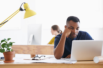 Image showing African architect, depressed and tired from failed project, upset and mockup space. Nigerian male, sad and exhausted with laptop, documents and frustrated by illustrations, designs or drawings