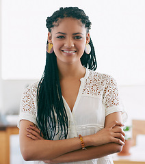 Image showing Black woman, portrait and confident with happiness in office for working as advertising manager for sales company. Female person, ambitious and smile for creative career, job and projects for agency