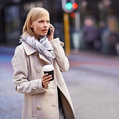 Image showing City, phone call and business woman with coffee for travel, morning commute and journey. Connection, communication and person talking on smartphone for networking, conversation and discussion in town