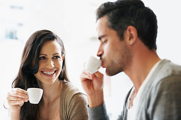 Image showing Couple, coffee and happy at restaurant, cafe and relationship on lunch date. Conversation, smile and romantic marriage while bonding, together and drinking espresso while on honeymoon in Italy