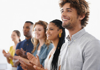Image showing Happy business people, applause and row in meeting for presentation, conference or team workshop. Group of employees clapping with smile for promo celebration, staff training or success at workplace