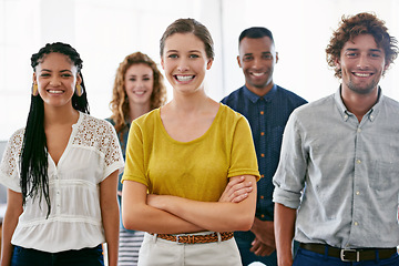 Image showing Business people, portrait and happy with collaboration in office for recruitment, onboarding or hiring process at work. Teamwork, professional workers and face with smile, diversity and creative team