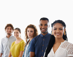 Image showing Business woman, portrait and happy with teamwork in studio for recruitment, onboarding and hiring process with mockup. Collaboration, professional workers and face with diversity on white background