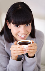 Image showing Morning, portrait and woman with coffee in home to drink with smile from happiness of beverage. Female person, peace and tea for girl in apartment to relax, espresso and cozy in house with cup
