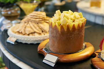 Image showing Food, cheese and bread in restaurant display for catering service, buffet selection and banquet for eating. Cafeteria, fine dining and closeup of table for lunch, supper and dinner event for wellness