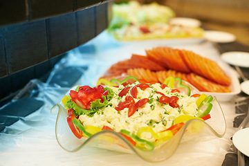 Image showing Food, salad and buffet table at restaurant for catering service, lunch or dinner at event. Fine dining, banquet or meal at party for nutrition, health or diet with vegetables closeup for display