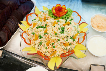 Image showing Salad, top view and buffet table at restaurant for catering service, lunch or dinner at event. Fine dining, above and food at party for nutrition, health and diet with meal closeup for celebration