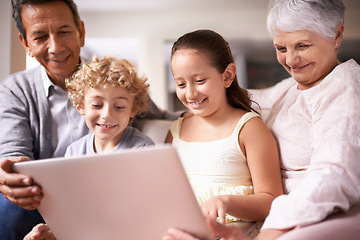 Image showing Happy family, grandparents and children with laptop for communication, entertainment or research on sofa at home. Grandma, grandpa and kids smile on computer for online search or networking at house