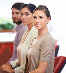 Image showing Portrait, seminar and serious young business people in office boardroom together for meeting. Audience, conference or training with confident employee group in workplace for learning and development