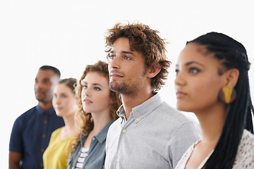 Image showing Row, man and group with diversity for recruitment in line, waiting and happy for career opportunity. People, candidates and onboarding team with smile, confidence and interview process at company