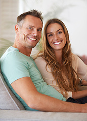 Image showing Couple, portrait with smile and love in marriage, life partner with support and relax together for bonding at home. People on sofa, trust and care for commitment, loyalty and respect with happiness