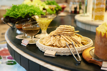 Image showing Food, platter and bread in restaurant buffet for catering service, selection and banquet for eating. Cafeteria, fine dining and closeup of snack table for lunch, supper and dinner event for health