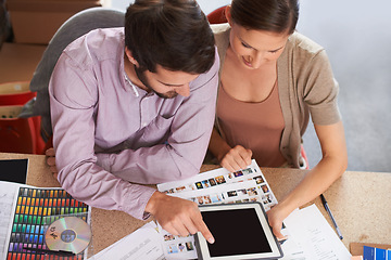 Image showing Meeting, tablet and teamwork with designer people in office to work on creative project planning together. Technology, collaboration or design with business man and woman employee working from above