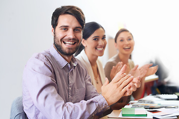 Image showing Employees, portrait and clapping with happiness for success, growth and achievements for team at staff meeting. Business, people and applause for good feedback, targets and cheering for colleagues