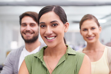 Image showing Portrait, smile and group of people with support for teamwork, help and partnership in workplace. Happy, employee and colleagues with determination for collaboration, trust and solidarity in office