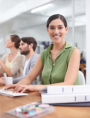 Image showing Creative, coworking space and portrait of woman at desk with keyboard, typing and admin at small business. Computer, office and happy consultant, planner or professional writing email communication