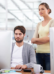 Image showing Coworkers, computer and collaboration in planning for proposal, online and internet for research. Business people, serious and teamwork on report in workplace, manager and solution for accounting