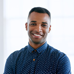 Image showing Business, portrait and smile of black man in office, workplace or startup company for job of employee. Face, creative professional and happy entrepreneur or editor working on career in South Africa