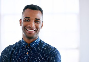 Image showing Business, portrait and happy black man in office, workplace or startup company for job of employee. Face, smile and creative professional, entrepreneur or designer working on career in South Africa